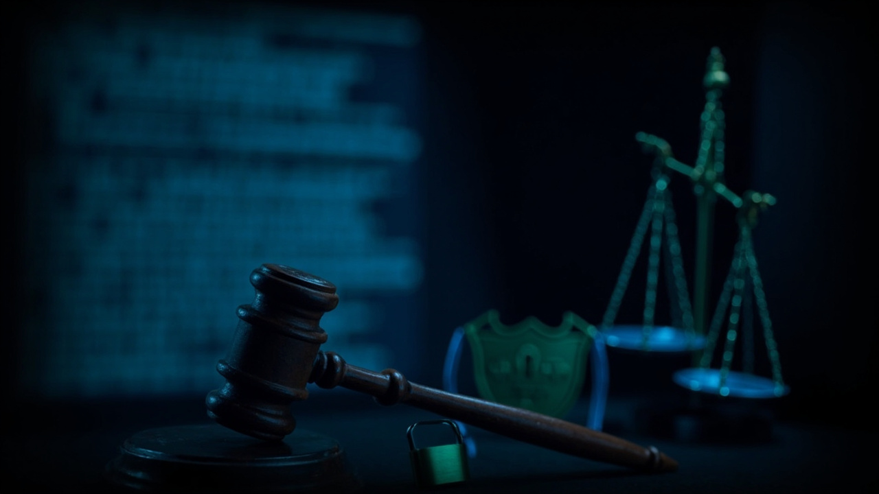 Legal cybersecurity illustration with gavel, scales of justice, padlock and shield
