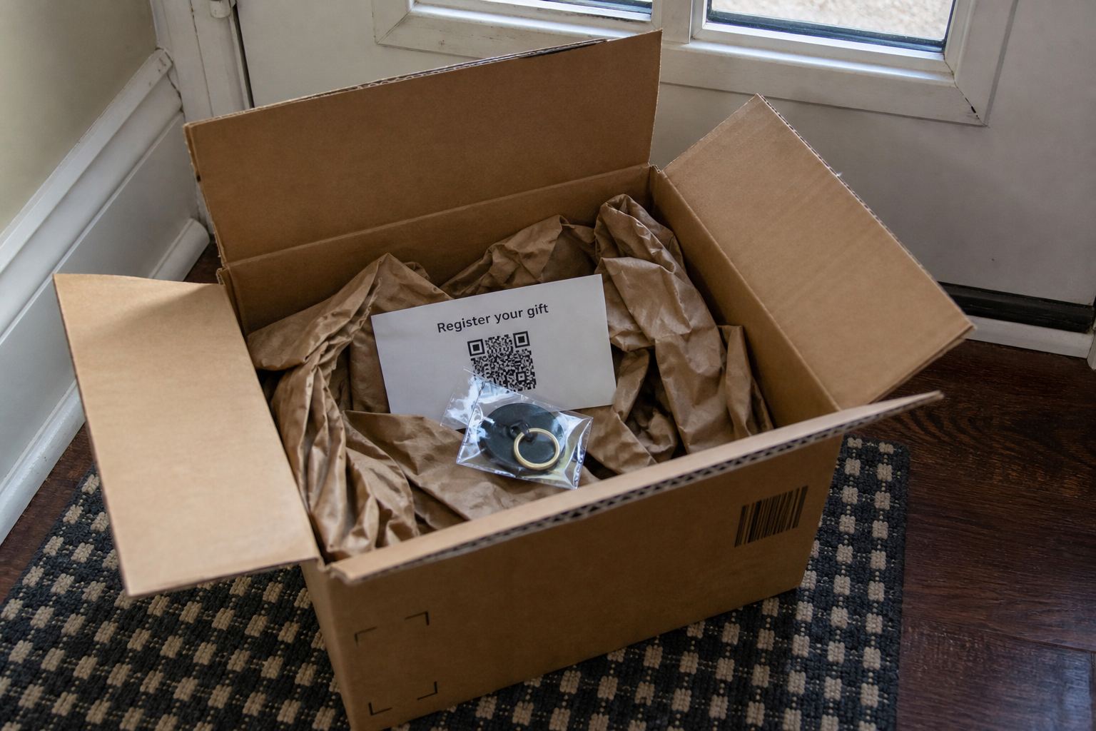 An open shipping box with a printed QR card inside.